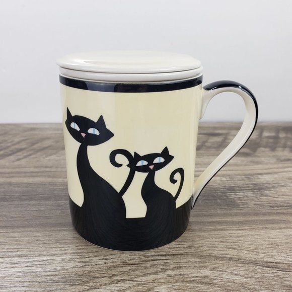 HUES N BREWS Black Siamese Cat Cattitude Tea Cup Infuser Set in Beige & Black - Picture 10 of 13